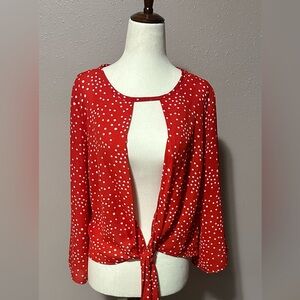 Women's Red And White Polka Dots Blouse  Tie Front Crop Top/open Front. Size M